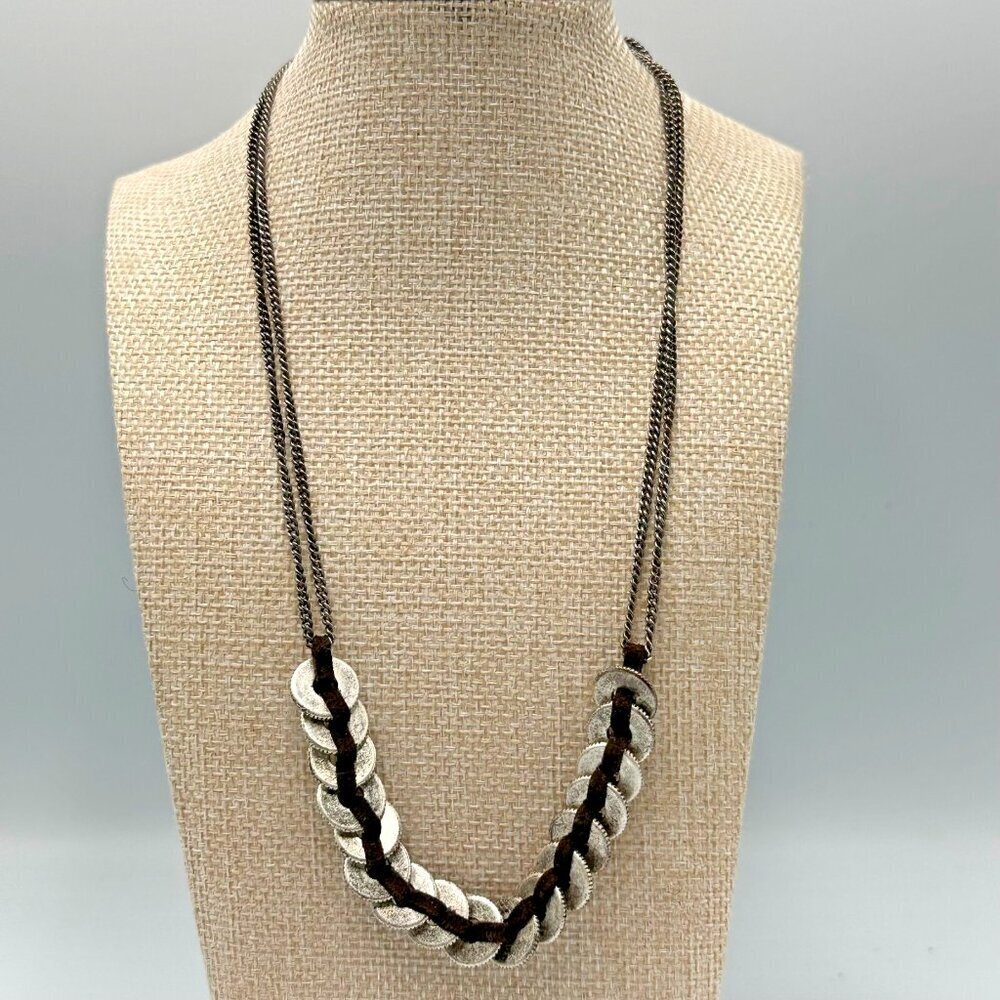 3/$30 Nine West Silver Tone Disc Necklace Brown Suede Cord Chain Statement 16.5"